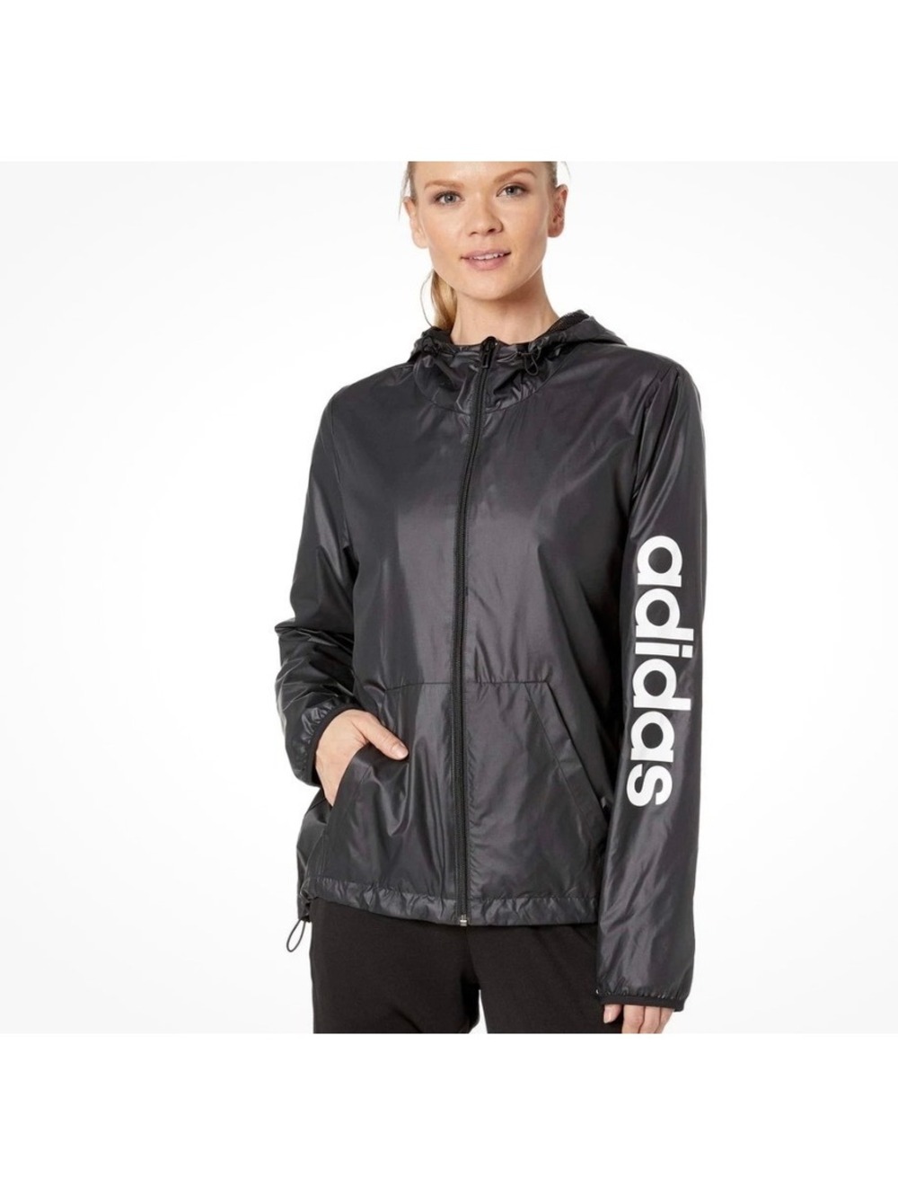 New adidas Women's Essentials Linear Black  & White Windbreaker SZ Large